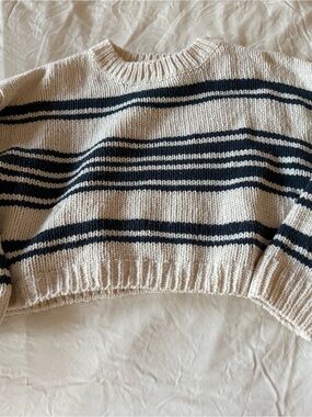 POL Cream and Navy Striped Crewneck Sweater